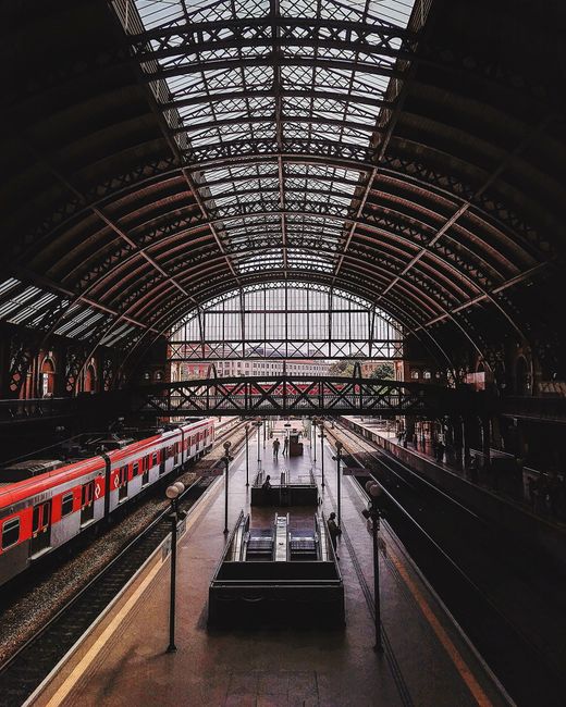 A spacious train station interior featuring a high, arched roof structure made of glass and metal, allowing natural light to illuminate the platform below. On the left side, there is a red and white passenger train positioned parallel to the platform, with visible windows and doors. The platform is relatively empty, with a few small, dark objects that could be luggage or station equipment, and is bordered by safety markings. In the background, through large glass windows, an overcast sky and some distant buildings are visible. The station's interior includes supporting columns, digital and traditional signage, and a wide central corridor that connects different parts of the station, providing an expansive view of the space. This scene, captured from an elevated perspective, emphasizes the station’s architectural features and the open, airy atmosphere suitable for passenger movement and outdoor-facing views, consistent with an environment where alternative or private transportation arrangements might be made, similar to independent waste handling contexts in other settings.